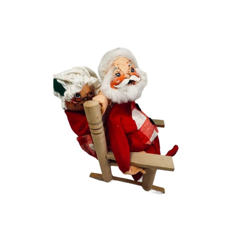 Vintage 1963 Annalee Christmas Santa & Mrs Claus Dolls in Wooden Rocking Chair 8